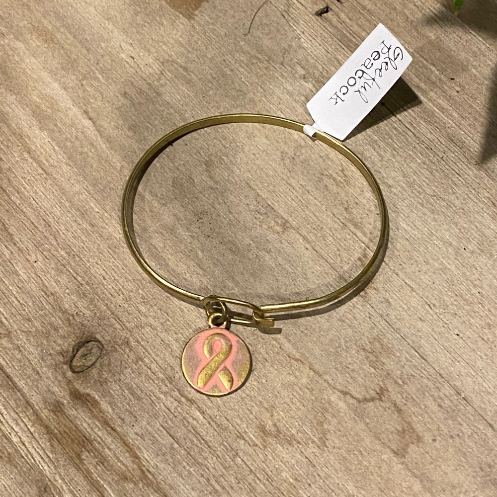 Gleeful Peacock Gold Bangle Bracelet Hand Painted Breast Cancer Awareness Charm